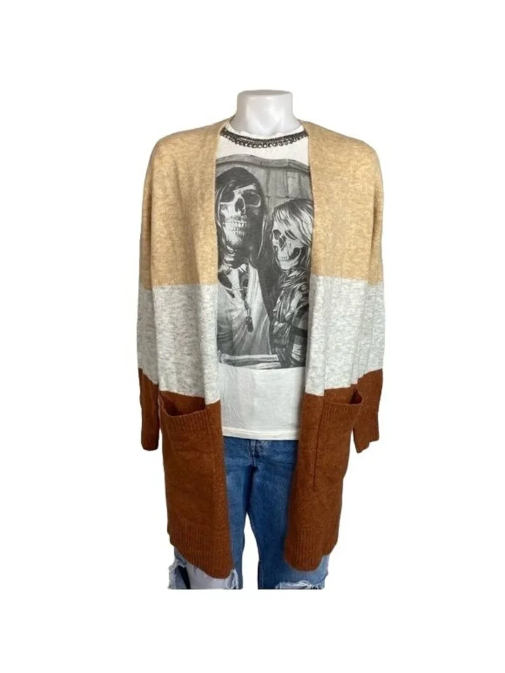 A New Day Colorblock Open Front Cardigan XS Beige Gray Brown Pockets Lightweight - Picture 1 of 10